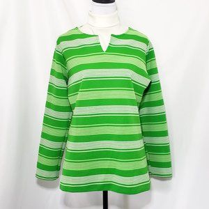 Vintage 70s Groovy Green & White Striped Gender Neutral Mock Neck Disco Top